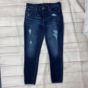 Express women 8 cotton blend mid rise distressed cropped legging blue